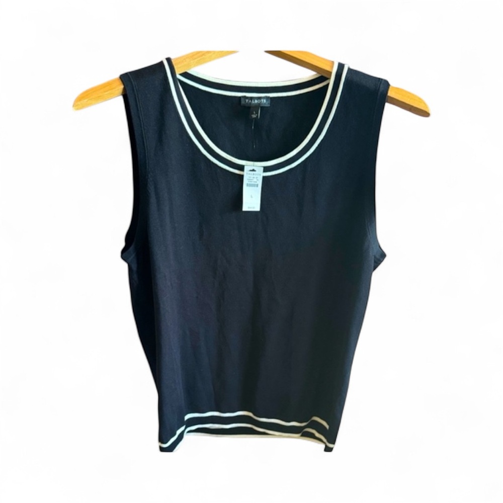 Talbots Women’s Size Large Black Preppy Tank Top with White Accents NWT Blouse